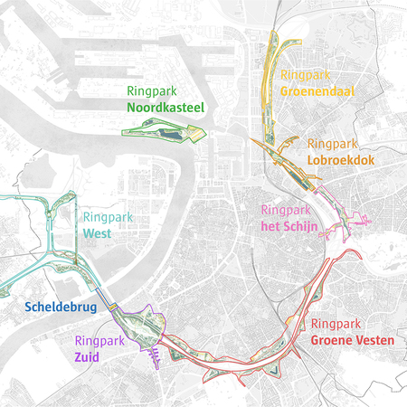 Aanduiding van de verschillende Ringparken op de kaart van Antwerpen Aanduiding van de verschillende Ringparken op de kaart van Antwerpen